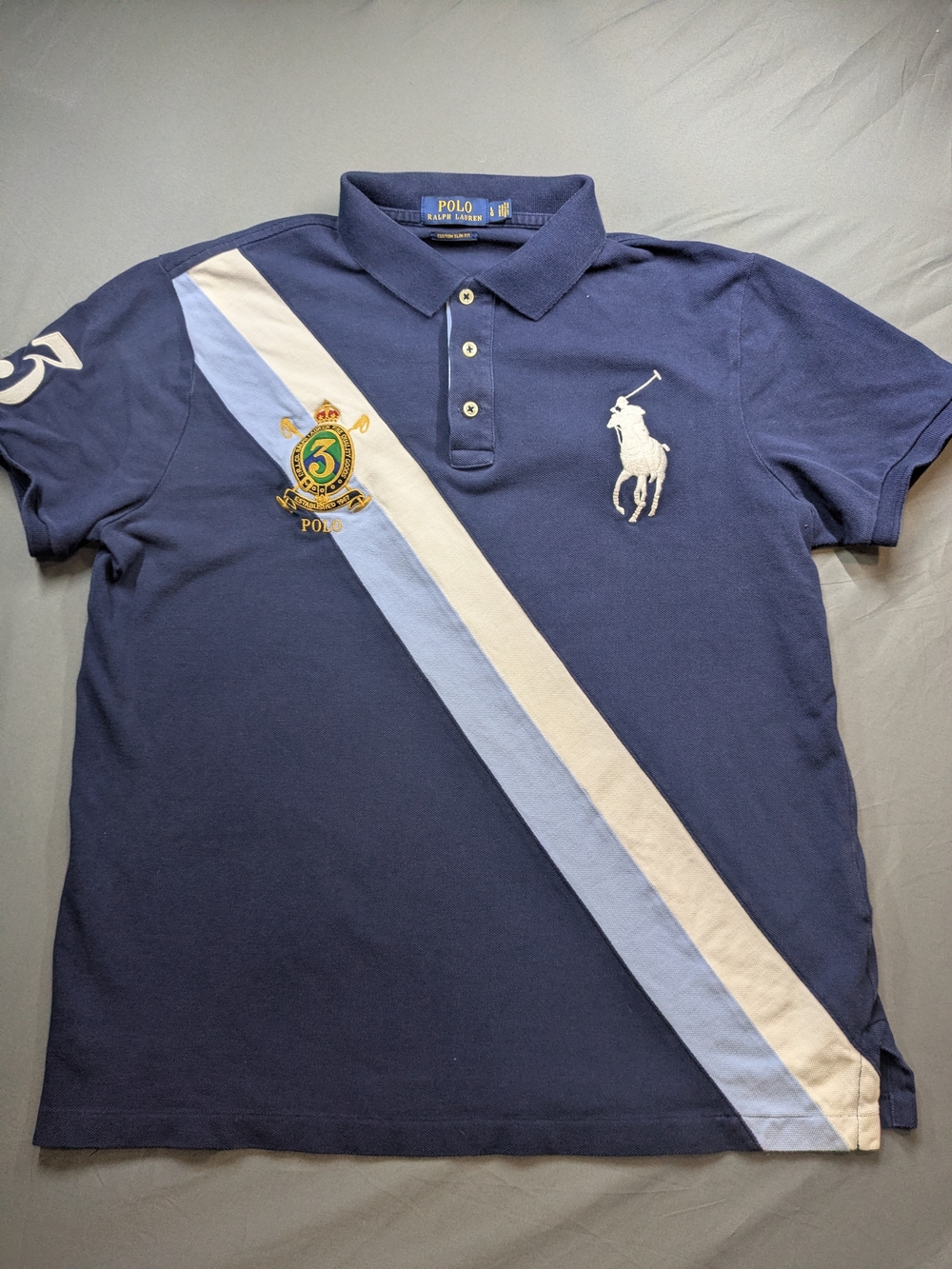 Polo by Ralph Lauren Navy Polo with White and Light Blue Diagonal Stripes